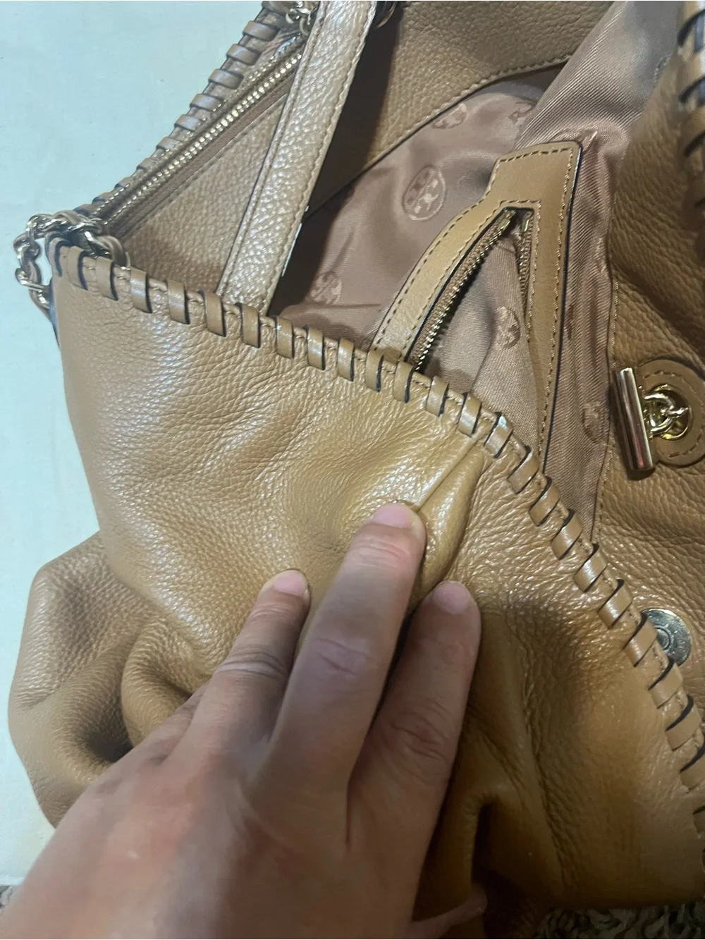 Tory Burch Tan Leather Chain-Handle Tote with Whipstitch Trim